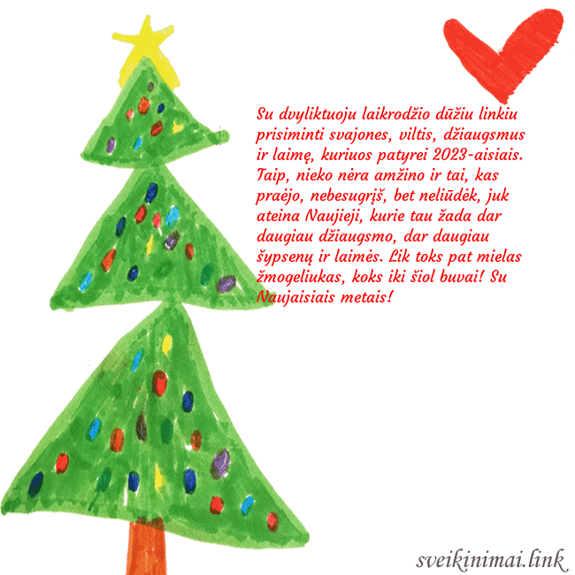 Kalėdinis atvirukas su piešta kalėdine eglute ir širdele