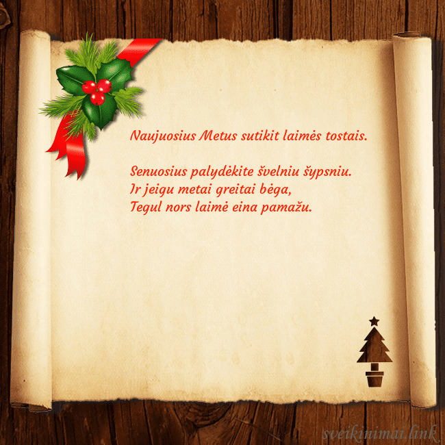 Kalėdinis atvirukas ant medžio ir pergamento