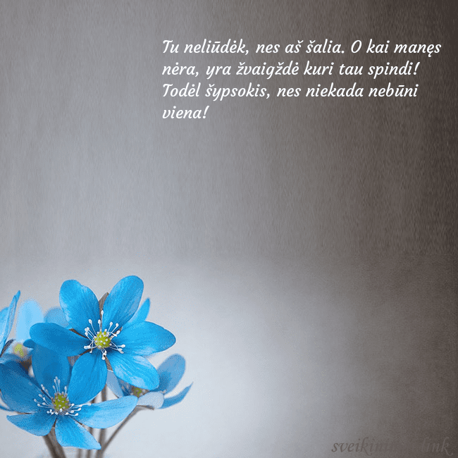 Atvirukas su žibuoklėmis Tu neliūdėk, nes aš šalia. O kai manęs nėra, yra ž Atvirukas su žibuoklėmis