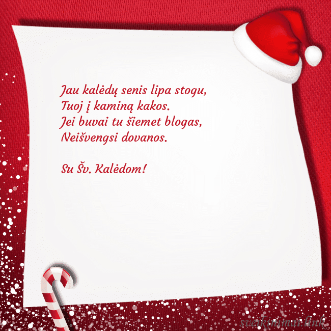 Kalėdinis atvirukas su saldainiu ir nykštuko kepure