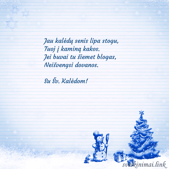 Naujametinis atvirukas su mėlyna eglute ir seniu besmegeniu