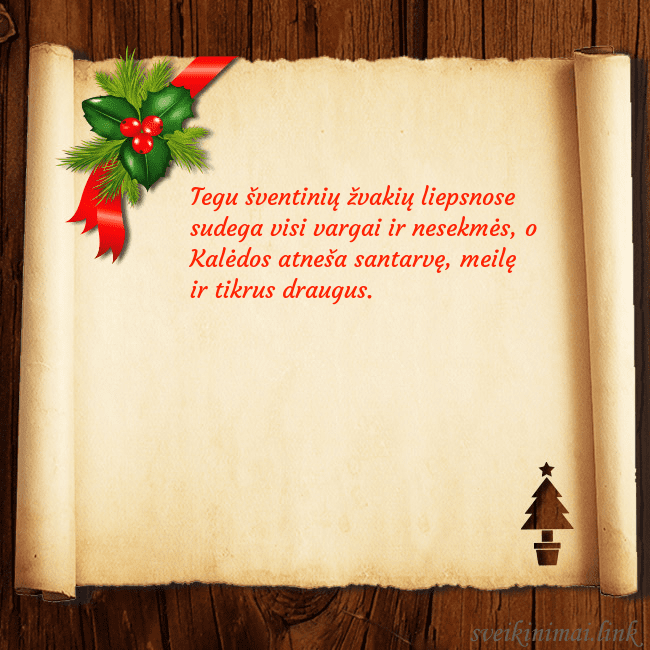 Kalėdinis atvirukas ant medžio ir pergamento