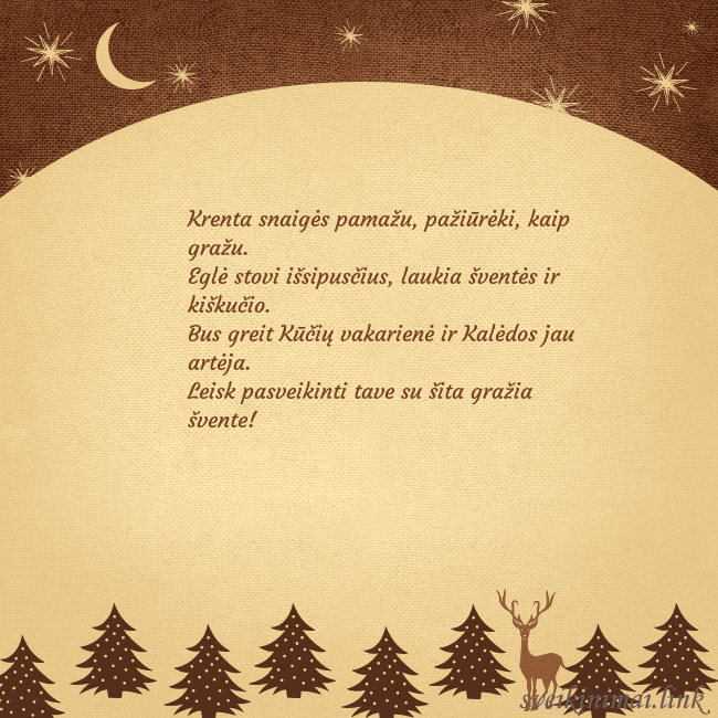 Rudas kalėdinis atvirukas su eglutėmis ir mėnuliu Krenta snaigės pamažu, pažiūrėki, kaip gražu.
Egl Rudas kalėdinis atvirukas su eglutėmis ir mėnuliu
