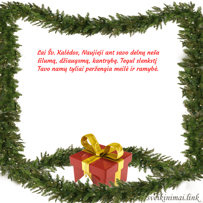 Atvirukas su eglės šakomis ir dovana