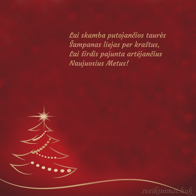 Raudonas kalėdinis atvirukas su auksine eglute Lai skamba putojančios taurės
Šampanas liejas per Raudonas kalėdinis atvirukas su auksine eglute