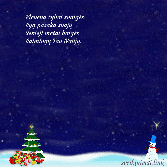 Atvirukas su sniego seniu, eglute ir dovanomis