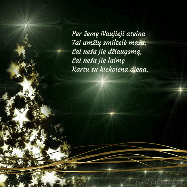Žalias kalėdinis atvirukas su auksu spindinčia eglute Per žemę Naujieji ateina -
Tai amžių smiltelė maž Žalias kalėdinis atvirukas su auksu spindinčia eglute