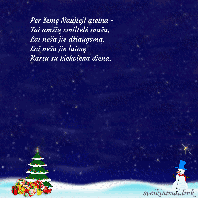 Atvirukas su sniego seniu, eglute ir dovanomis Per žemę Naujieji ateina -
Tai amžių smiltelė maž Atvirukas su sniego seniu, eglute ir dovanomis