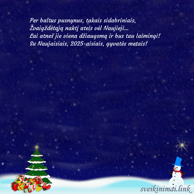 Atvirukas su sniego seniu, eglute ir dovanomis