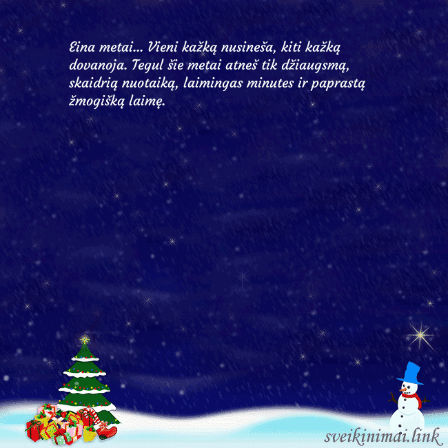 Atvirukas su sniego seniu, eglute ir dovanomis