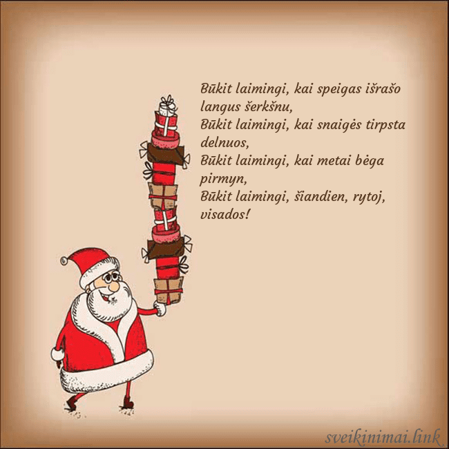 Atvirukas su Kalėdų seneliu Būkit laimingi, kai speigas išrašo langus šerkšnu, Atvirukas su Kalėdų seneliu