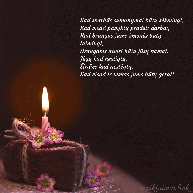 Animuotas gimtadienio atvirukas su tortu ir degančia žvakute