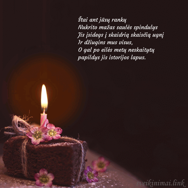 Animuotas gimtadienio atvirukas su tortu ir degančia žvakute