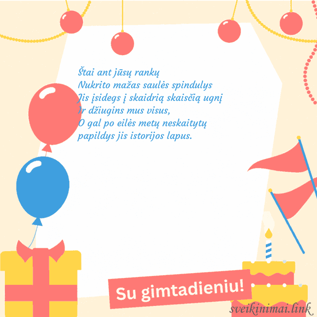 Animuotas gimtadienio atvirukas su tortu Štai ant jūsų rankų 
Nukrito mažas saulės spindul Animuotas gimtadienio atvirukas su tortu