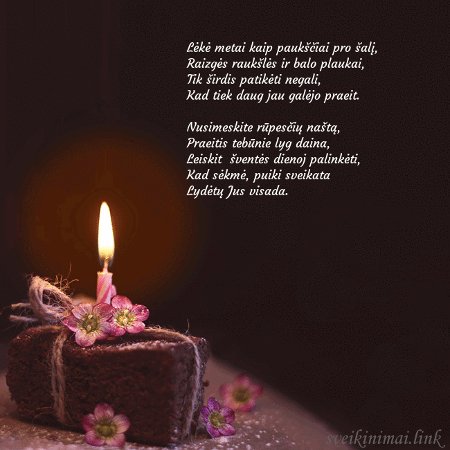 Animuotas gimtadienio atvirukas su tortu ir degančia žvakute