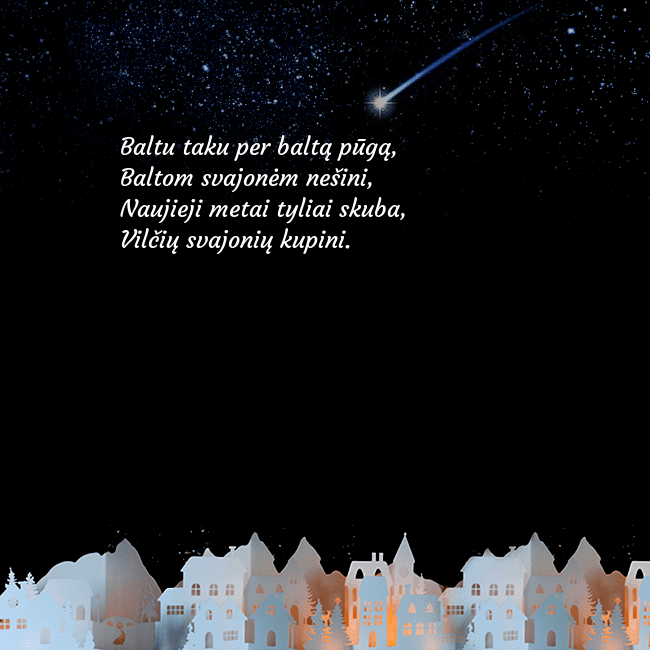 Atvirukas su meteoritu Baltu taku per baltą pūgą,
Baltom svajonėm nešini, Atvirukas su meteoritu