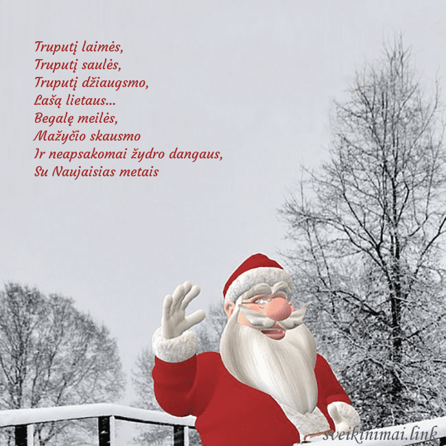 Atvirukas su kalėdų seniu ir apsnigtais medžiais