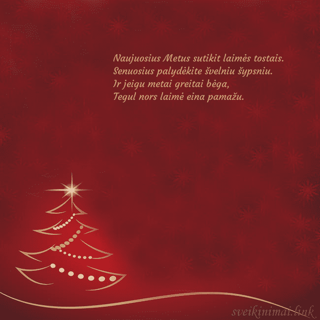 Raudonas kalėdinis atvirukas su auksine eglute Naujuosius Metus sutikit laimės tostais.
Senuosiu Raudonas kalėdinis atvirukas su auksine eglute