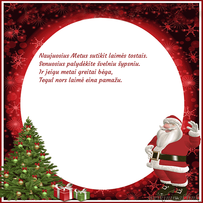 Atvirukas su seniu šalčiu ir dovanomis Naujuosius Metus sutikit laimės tostais.
Senuosiu Atvirukas su seniu šalčiu ir dovanomis
