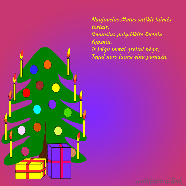 Atvirukas su piešta kalėdine eglute Naujuosius Metus sutikit laimės tostais.
Senuosiu Atvirukas su piešta kalėdine eglute