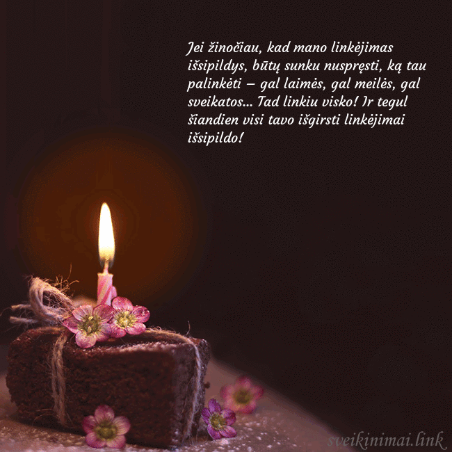 Animuotas gimtadienio atvirukas su tortu ir degančia žvakute