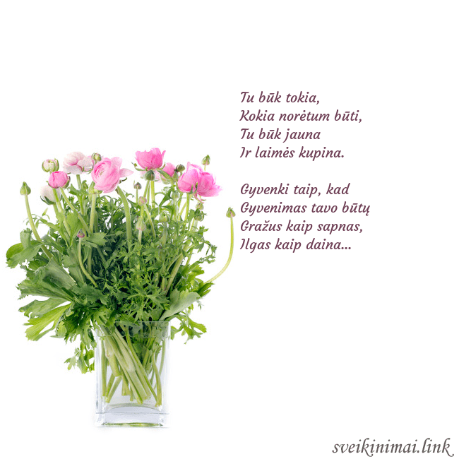 Atvirukas su gėlėmis vazoje Tu būk tokia,
Kokia norėtum būti,
Tu būk jauna Atvirukas su gėlėmis vazoje