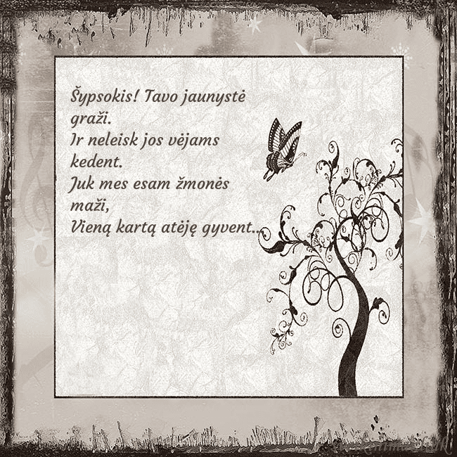 Nostalgiškas atvirukas Šypsokis! Tavo jaunystė graži.
Ir neleisk jos vėja Nostalgiškas atvirukas