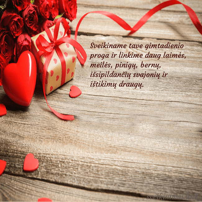 Atvirukas su raudona širdele Sveikiname tave gimtadienio proga ir linkime daug Atvirukas su raudona širdele