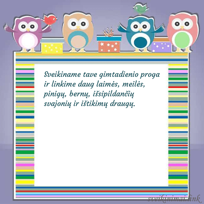 Gimtadienio atvirukas su pelėdžiukais Sveikiname tave gimtadienio proga ir linkime daug Gimtadienio atvirukas su pelėdžiukais
