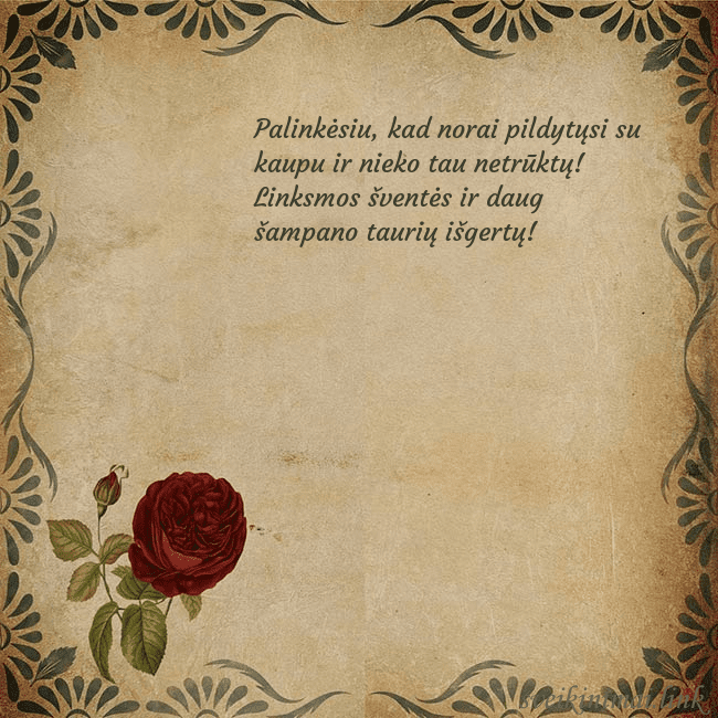 Vintažinis atvirukas su rože Palinkėsiu, kad norai pildytųsi su kaupu ir nieko Vintažinis atvirukas su rože