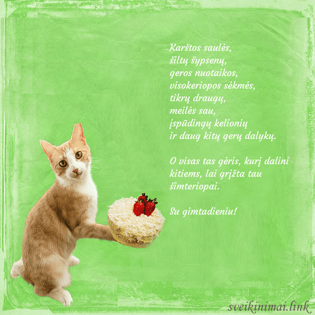 Gimtadienio atvirukas su katinu ir tortu Karštos saulės,
šiltų šypsenų,
geros nuotaikos,
Gimtadienio atvirukas su katinu ir tortu