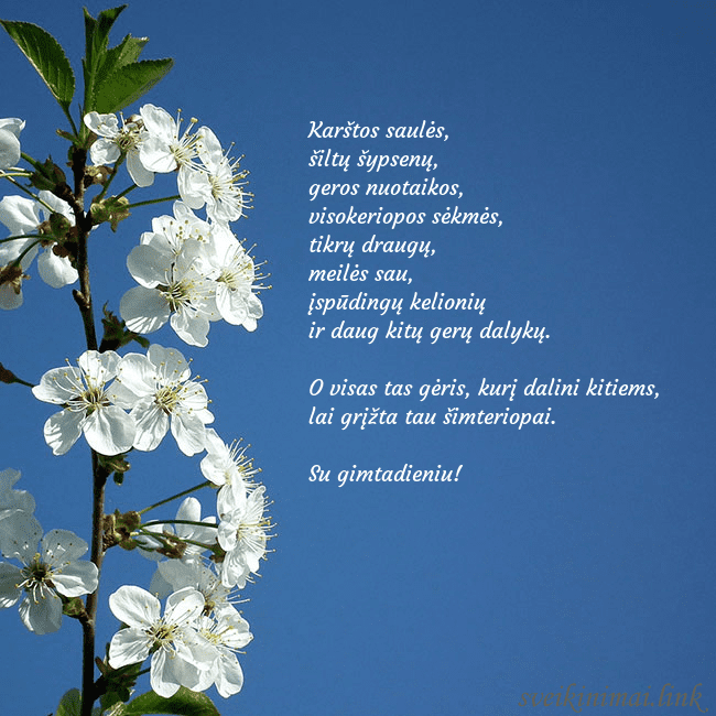 Atvirukas su pavasario žiedais Karštos saulės,
šiltų šypsenų,
geros nuotaikos,
Atvirukas su pavasario žiedais
