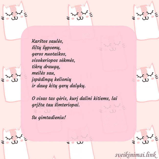 Rožinis gimtadienio atvirukas su juokingais katinais