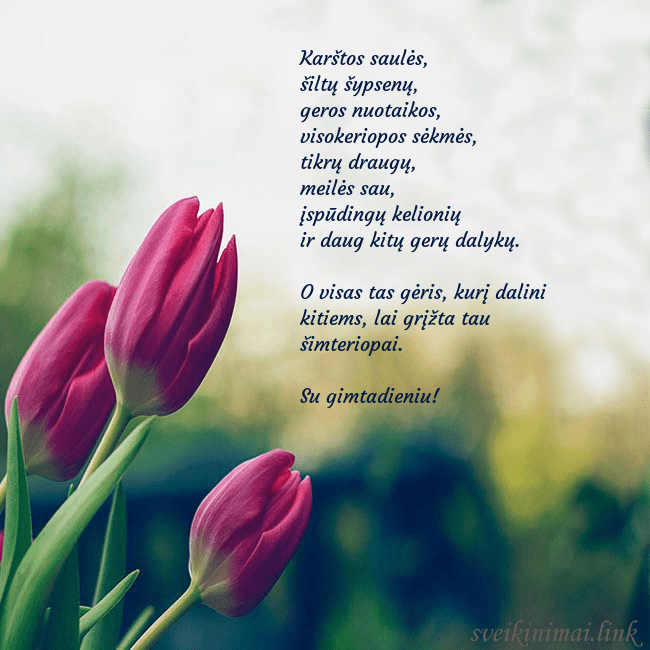 Atvirukas su trim raudonomis tulpėmis Karštos saulės,
šiltų šypsenų,
geros nuotaikos,
Atvirukas su trim raudonomis tulpėmis