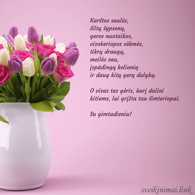 Gimtadienio atvirukas tulpėmis vazoje