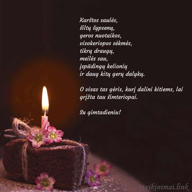 Animuotas gimtadienio atvirukas su tortu ir degančia žvakute