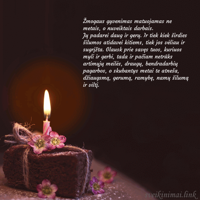 Animuotas gimtadienio atvirukas su tortu ir degančia žvakute