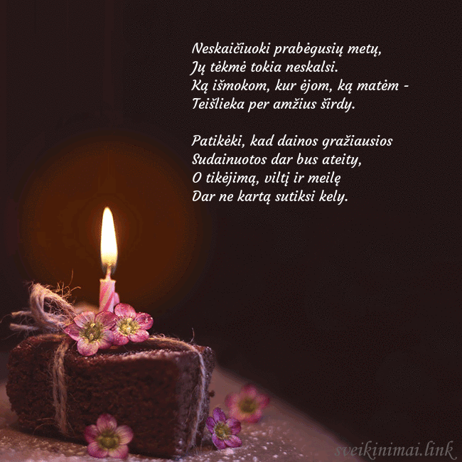 Animuotas gimtadienio atvirukas su tortu ir degančia žvakute Neskaičiuoki prabėgusių metų,
Jų tėkmė tokia neska Animuotas gimtadienio atvirukas su tortu ir degančia žvakute