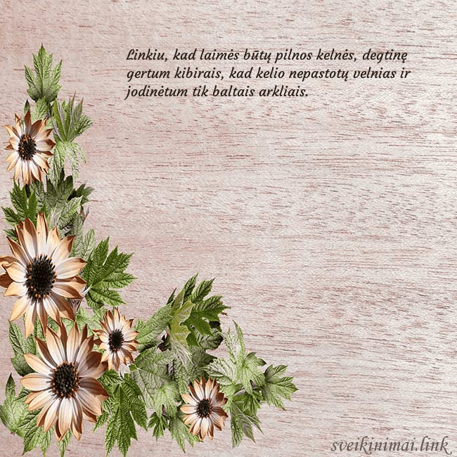 Gimtadienio atvirukas su rusvomis gėlėmis Linkiu, kad laimės būtų pilnos kelnės, degtinę ger Gimtadienio atvirukas su rusvomis gėlėmis