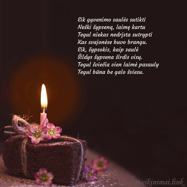 Animuotas gimtadienio atvirukas su tortu ir degančia žvakute