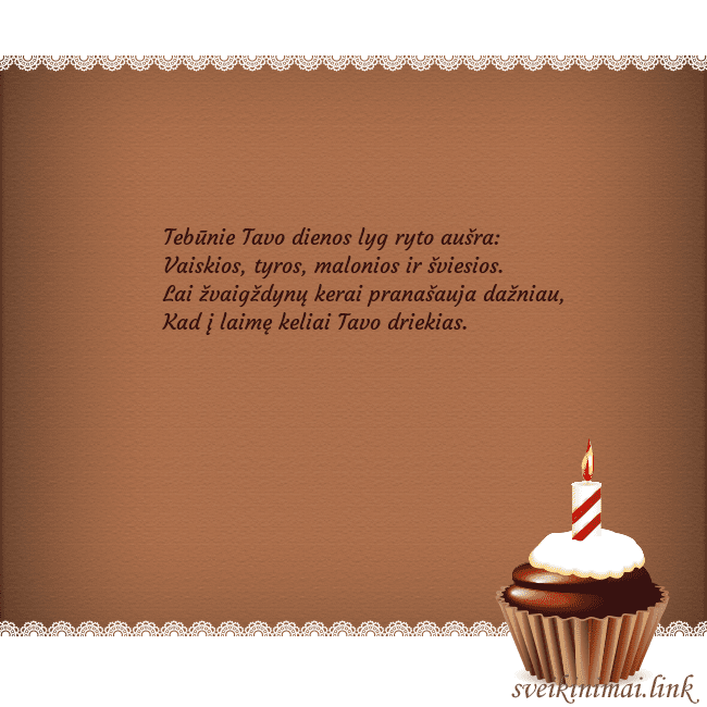 Gimtadienio atvirukas su keksiuku Tebūnie Tavo dienos lyg ryto aušra:
Vaiskios, tyr Gimtadienio atvirukas su keksiuku