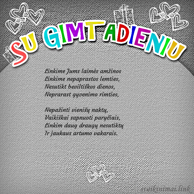 Gimtadienio atvirukas su spalvotu užrašu Su gimtadieniu