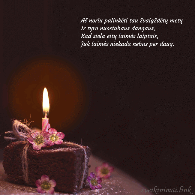 Animuotas gimtadienio atvirukas su tortu ir degančia žvakute