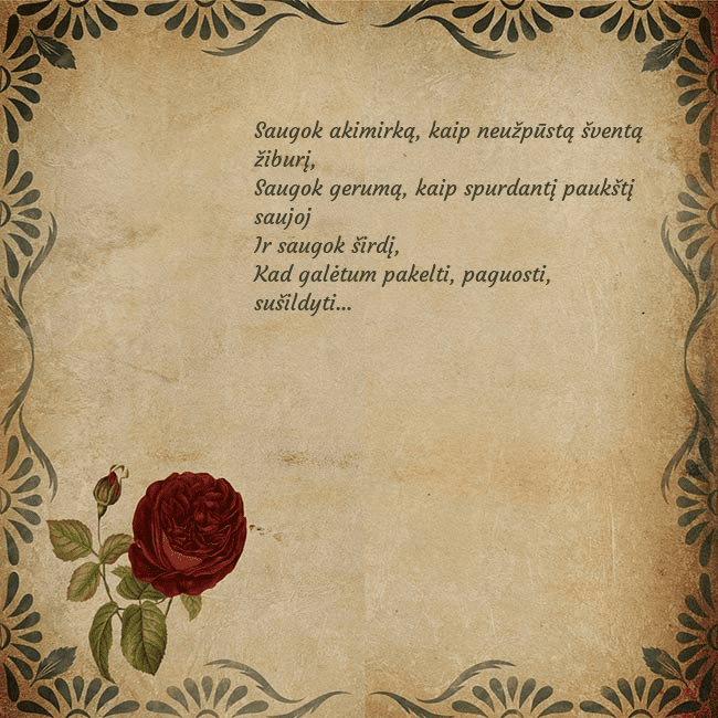 Vintažinis atvirukas su rože Saugok akimirką, kaip neužpūstą šventą žiburį,
Sa Vintažinis atvirukas su rože
