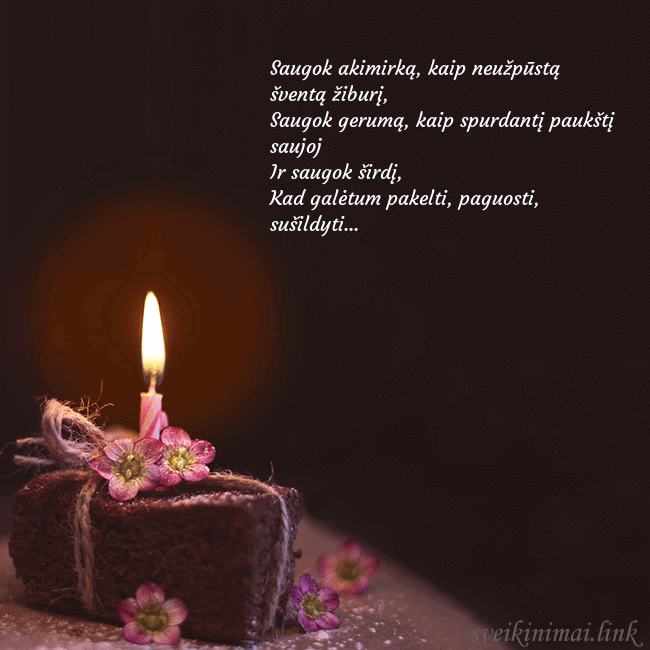 Animuotas gimtadienio atvirukas su tortu ir degančia žvakute