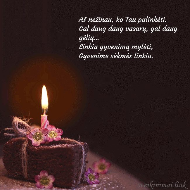 Animuotas gimtadienio atvirukas su tortu ir degančia žvakute