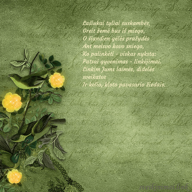 Žalias atvirukas su geltonomis gėlėmis