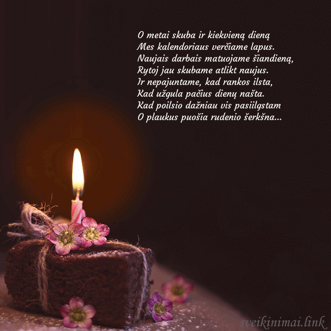 Animuotas gimtadienio atvirukas su tortu ir degančia žvakute