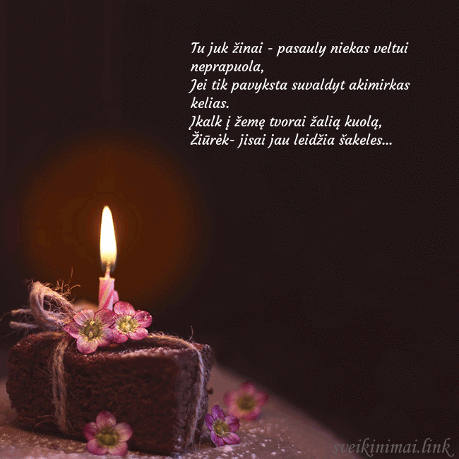 Animuotas gimtadienio atvirukas su tortu ir degančia žvakute Tu juk žinai - pasauly niekas veltui neprapuola,
Animuotas gimtadienio atvirukas su tortu ir degančia žvakute