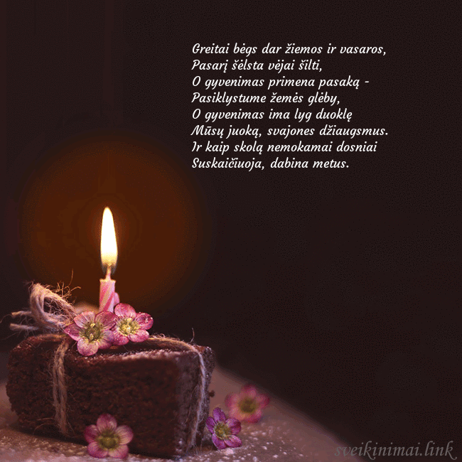 Animuotas gimtadienio atvirukas su tortu ir degančia žvakute Greitai bėgs dar žiemos ir vasaros,
Pasarį šėlsta Animuotas gimtadienio atvirukas su tortu ir degančia žvakute